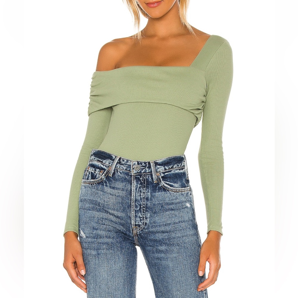 Lovers + Friends Sage Green One-Shoulder Long Sleeve Bodysuit